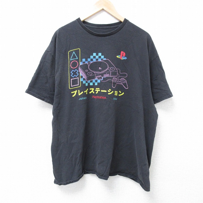 XL★古着 半袖 Tシャツ メンズ プレイステーション 大きいサイズ クルーネック 黒 ブラック 25jun16 中古