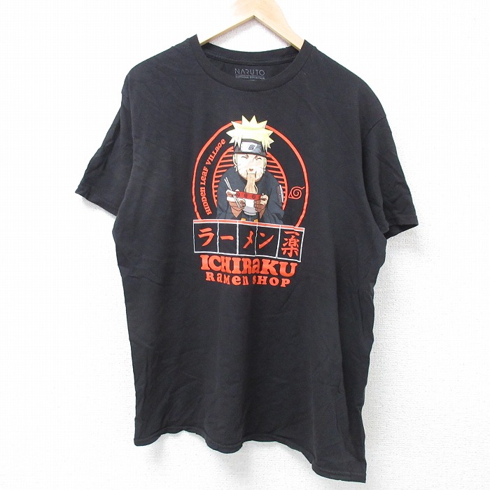 XL★古着 半袖 Tシャツ メンズ アニメ ナルト疾風伝 一楽 コットン クルーネック 黒 ブラック 25jun16 中古