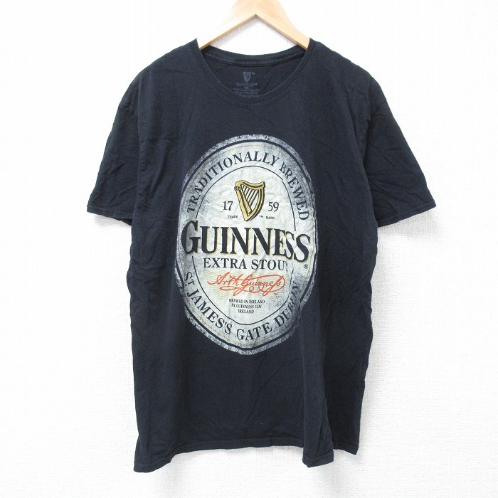 XL★古着 半袖 Tシャツ メンズ 大きいサイズ ギネスビール コットン クルーネック 黒 ブラック 25jun16 中古