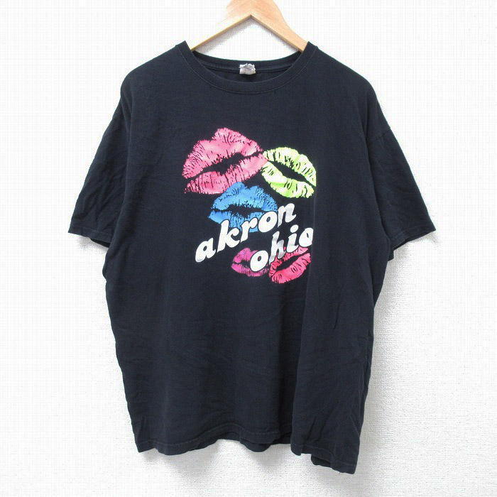 XL★古着 半袖 Tシャツ メンズ 口唇 大きいサイズ コットン クルーネック 黒 ブラック 25jun16 中古