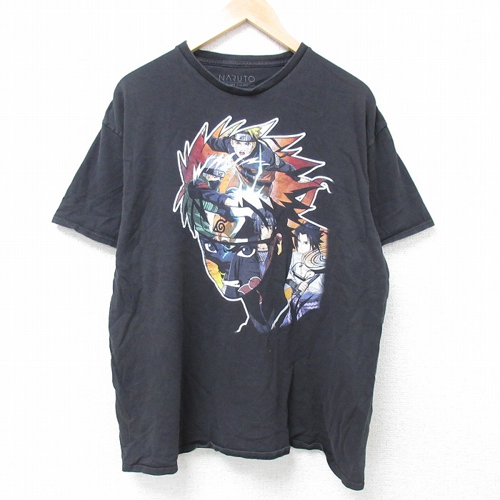XL★古着 半袖 Tシャツ メンズ アニメ ナルト疾風伝 うずまきナルト コットン クルーネック 黒 ブラック 25jun16 中古