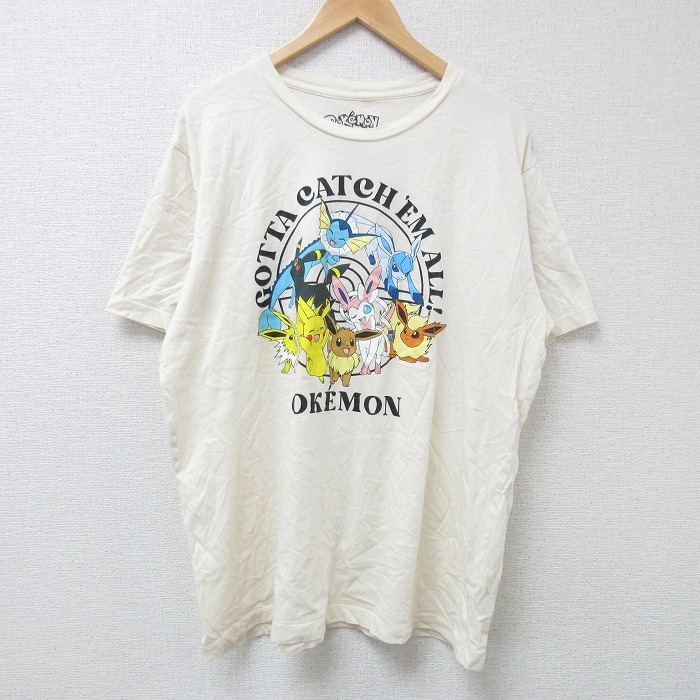 XL★古着 半袖 Tシャツ メンズ ゲーム ニンテンドー ポケットモンスター ポケモン ピカチュー 大きいサイズ コットン クルーネック 薄ベージュ カーキ 【spe】 25jun16 中古
