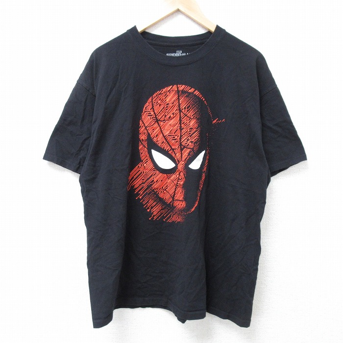 XL★古着 半袖 Tシャツ メンズ マーベル スパイダーマン　大きいサイズ コットン クルーネック 黒 ブラック 25jun16 中古