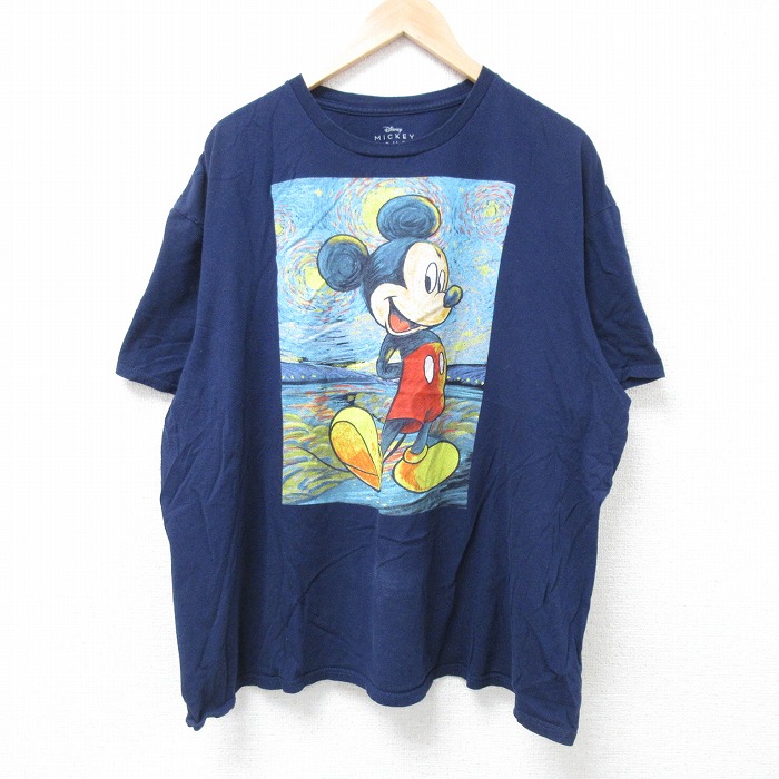 XL★古着 半袖 Tシャツ メンズ ディズニー DISNEY ミッキー MICKEY MOUSE 大きいサイズ コットン クルーネック 紺 ネイビー 25jun16 中古