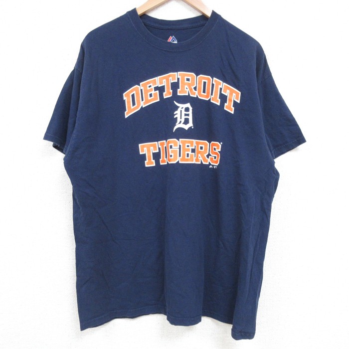 XL★古着 マジェスティック 半袖 Tシャツ メンズ MLB デトロイトタイガース コットン クルーネック 紺 ネイビー メジャーリーグ ベースボール 野球 25jun18 中古