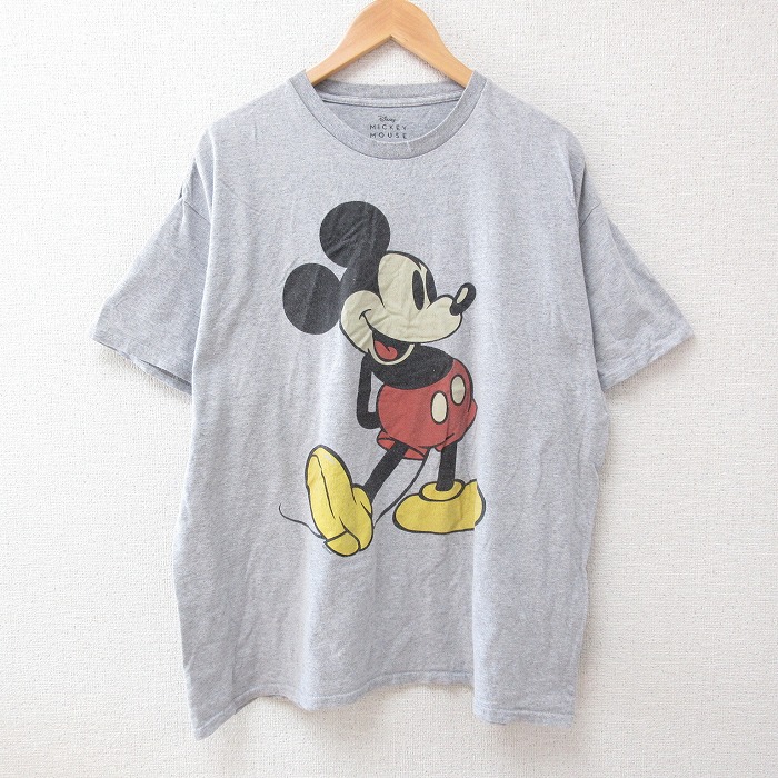 XL★古着 半袖 Tシャツ メンズ ディズニー DISNEY ミッキー MICKEY MOUSE 大きいサイズ クルーネック 薄グレー 霜降り 25jun12 中古