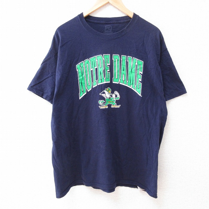 XL★古着 半袖 Tシャツ メンズ ノートルダム コットン クルーネック 紺 ネイビー 25jun12 中古