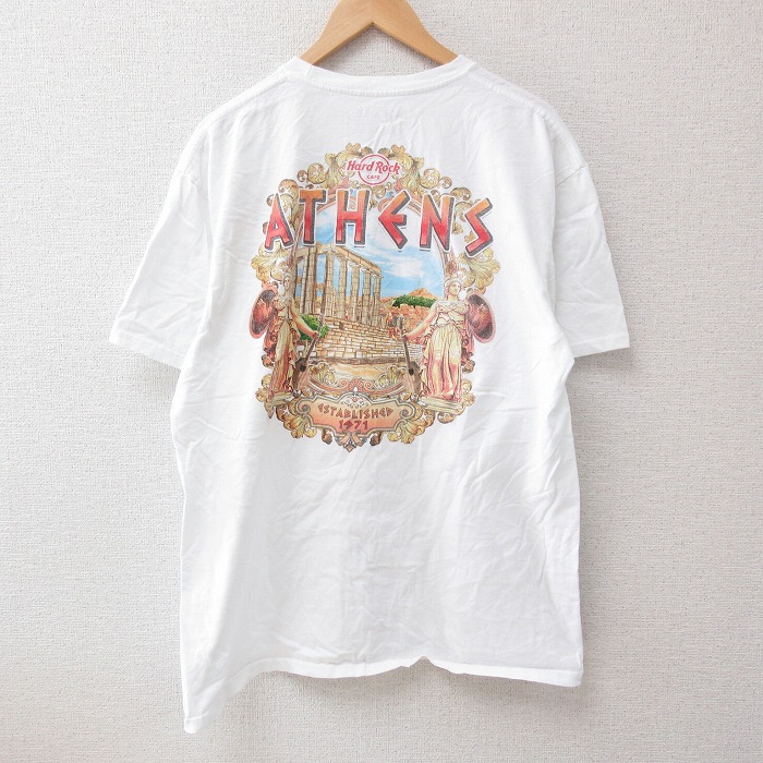 XL★古着 半袖 Tシャツ メンズ ハードロックカフェ アテネ コットン クルーネック 白 ホワイト 25jun12 中古