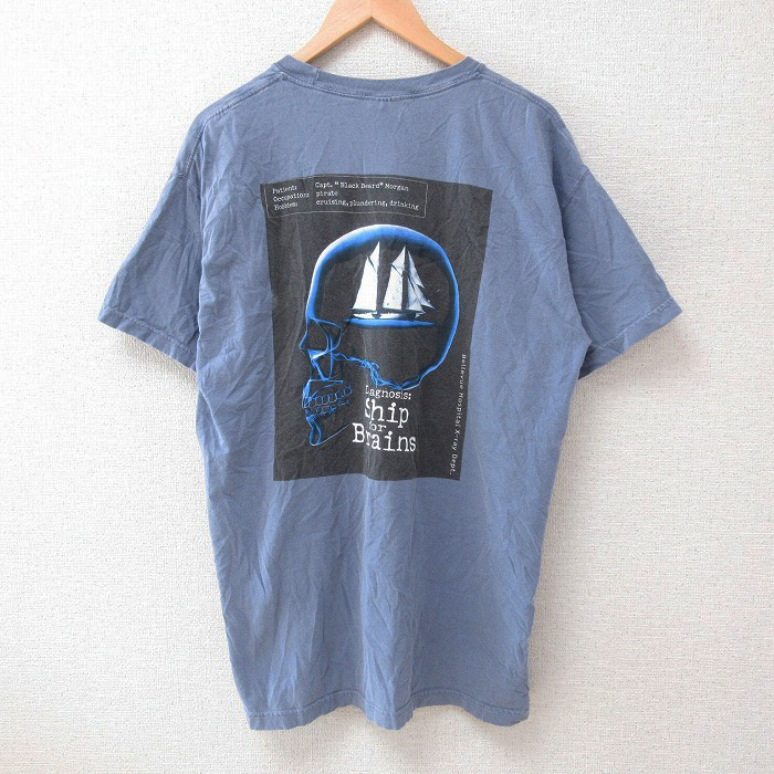XL★古着 半袖 Tシャツ メンズ スカル コットン クルーネック 薄紺 ネイビー 25jun12 中古