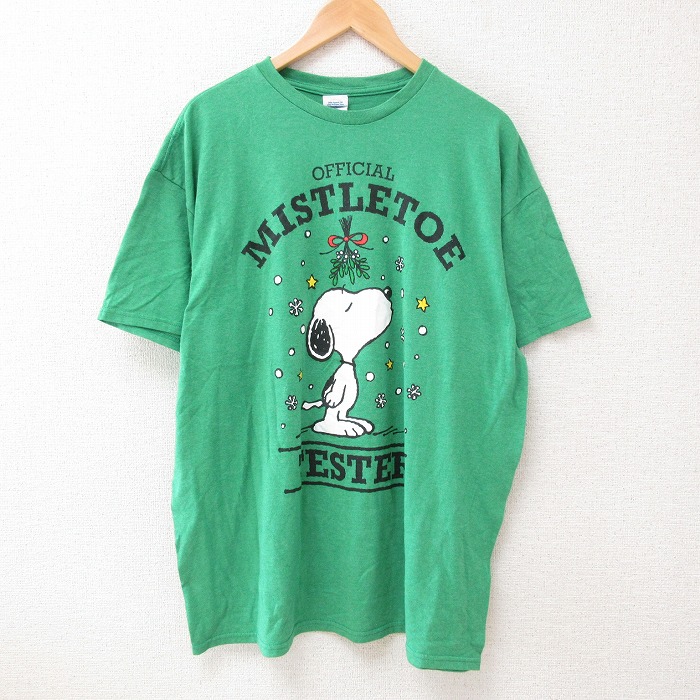 XL★古着 半袖 Tシャツ メンズ ピーナッツ スヌーピー SNOOPY 大きいサイズ クルーネック 緑 グリーン 霜降り 【spe】 25jun12 中古
