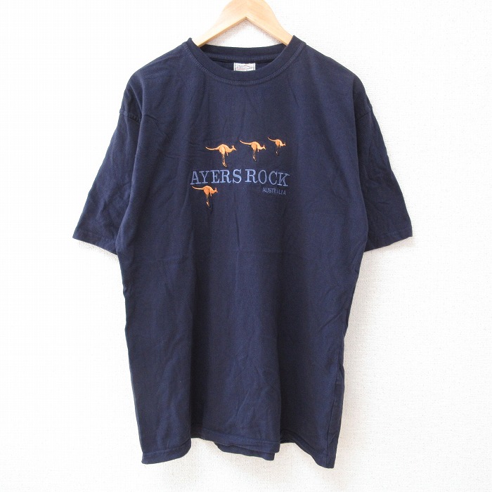 XL★古着 半袖 Tシャツ メンズ カンガルー 刺繍 コットン クルーネック 紺 ネイビー 25jun12 中古