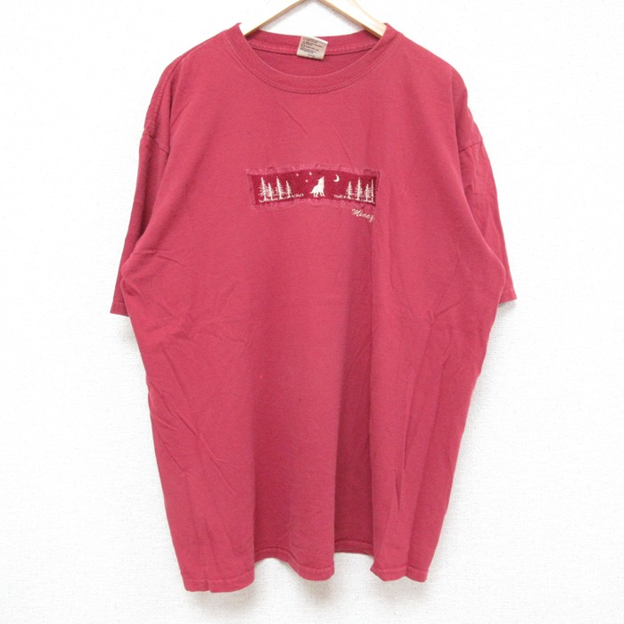 XL★古着 半袖 Tシャツ メンズ 木 刺繍 大きいサイズ コットン クルーネック エンジ 25jun13 中古