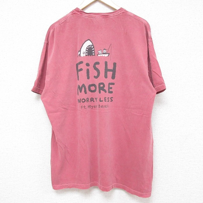 XL★古着 半袖 Tシャツ メンズ FiSH 大きいサイズ コットン クルーネック エンジ 25jun13 中古