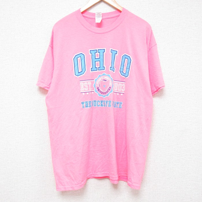XL★古着 半袖 Tシャツ メンズ オハイオ クルーネック ピンク 25jun13 中古