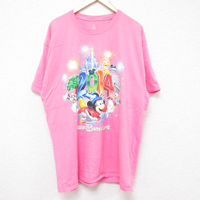 【50%OFF】XL★古着 ヘインズ Hanes 半袖 Tシャツ メンズ ディズニー DISNEY ミッキー MICKEY MOUSE 大きいサイズ コットン クルーネック ピンク 25jun13 中古