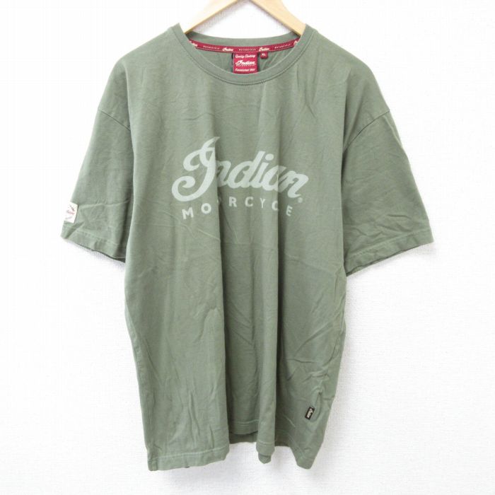 XL★古着 半袖 Tシャツ メンズ インディアンモーターサイクル 大きいサイズ コットン クルーネック 濃緑 グリーン 25jun14 中古