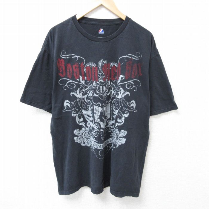 XL★古着 マジェスティック 半袖 ビンテージ Tシャツ メンズ 00年代 00s MLB ボストンレッドソックス 大きいサイズ コットン クルーネック 黒 ブラック メジャーリーグ ベースボール 野球 25jun14 中古