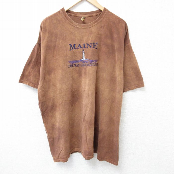【50%OFF】XL★古着 半袖 Tシャツ メンズ 灯台 刺繍 大きいサイズ クルーネック こげ茶他 ブラウン タイダイ 25jun14 中古