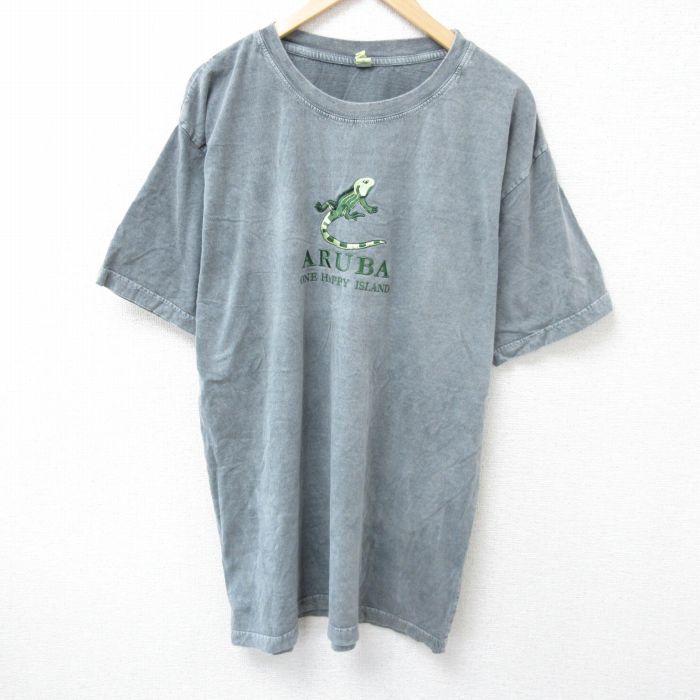 【20%OFF】XL★古着 半袖 Tシャツ メンズ ARUBA 刺繍 ロング丈 コットン クルーネック 濃グレー 霜降り 25jun14 中古