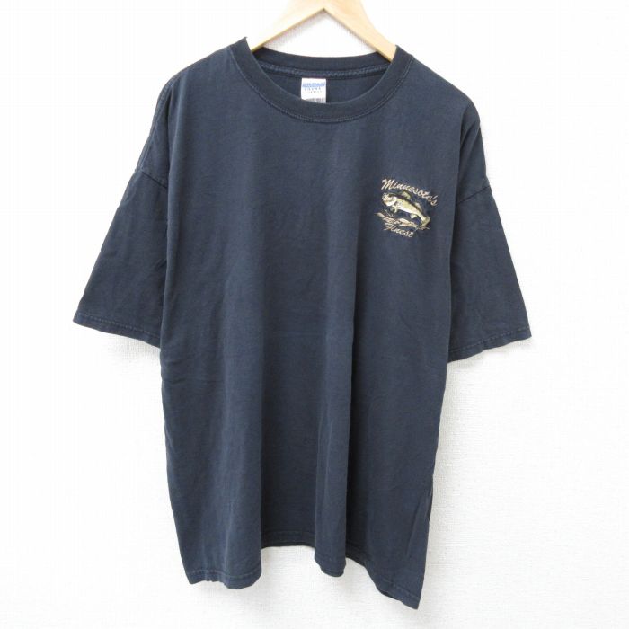 XL★古着 半袖 ビンテージ Tシャツ メンズ 00年代 00s 魚 大きいサイズ コットン クルーネック 黒 ブラック 25jun14 中古
