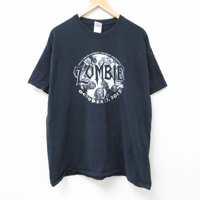 XL★古着 半袖 Tシャツ メンズ ゾンビ コットン クルーネック 黒 ブラック 25jun16 中古