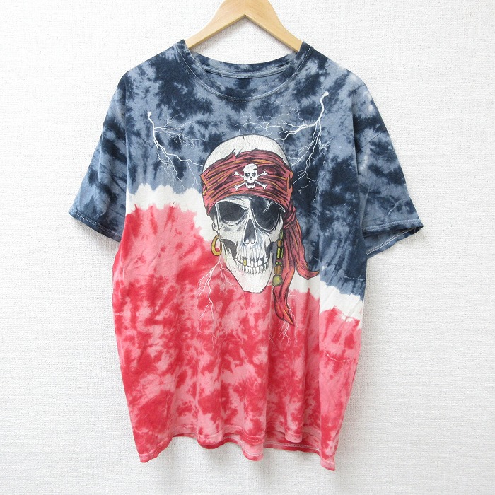 XL★古着 半袖 Tシャツ メンズ スカルパイレーツ 大きいサイズ クルーネック 紺他 ネイビー タイダイ 25jun16 中古