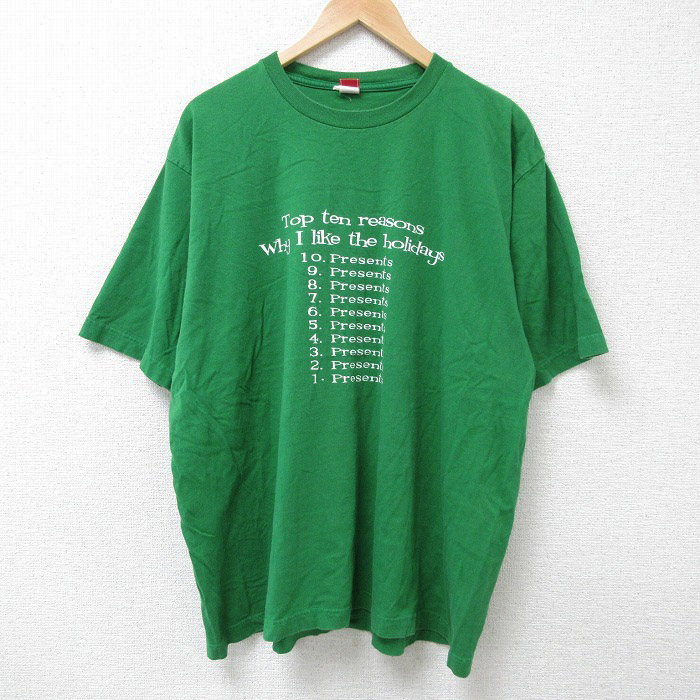 XL★古着 半袖 Tシャツ メンズ プレゼント 大きいサイズ コットン クルーネック 緑 グリーン 25jun16 中古