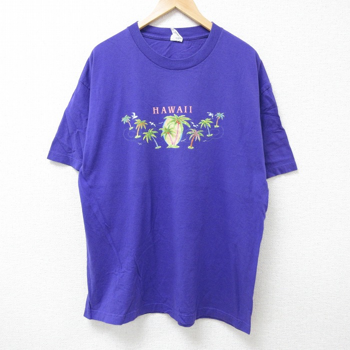 XL★古着 半袖 Tシャツ メンズ ハワイ大きいサイズ コットン クルーネック 紫 パープル 25jun16 中古