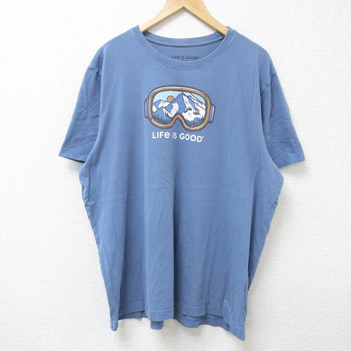 XL★古着 半袖 Tシャツ メンズ LIFE 大きいサイズ コットン クルーネック 薄紺 ネイビー 25jun16 中古