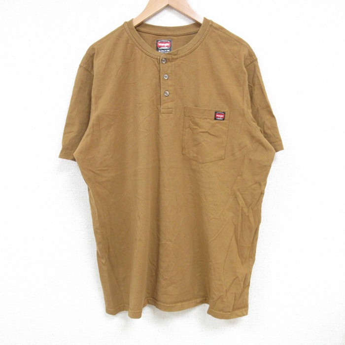 XL★古着 ラングラー Wrangler 半袖 Tシャツ メンズ 胸ポケット付き 大きいサイズ コットン ヘンリーネック 茶 ブラウン 25jun17 中古