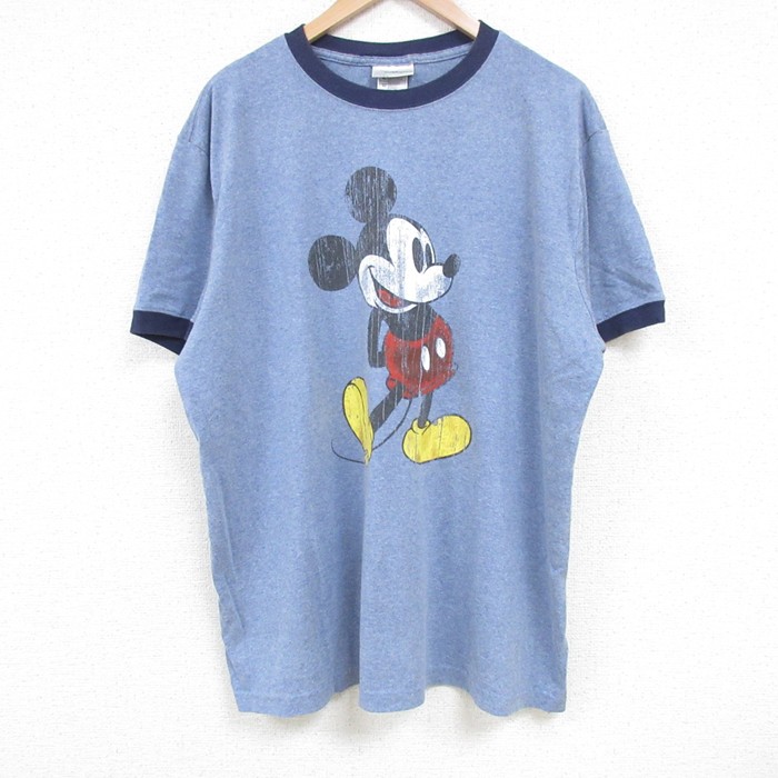XL★古着 半袖 ビンテージ Tシャツ メンズ リンガー 00年代 00s ディズニー DISNEY ミッキー MICKEY MOUSE 大きいサイズ クルーネック 薄紺 ネイビー 霜降り 25jun17 中古