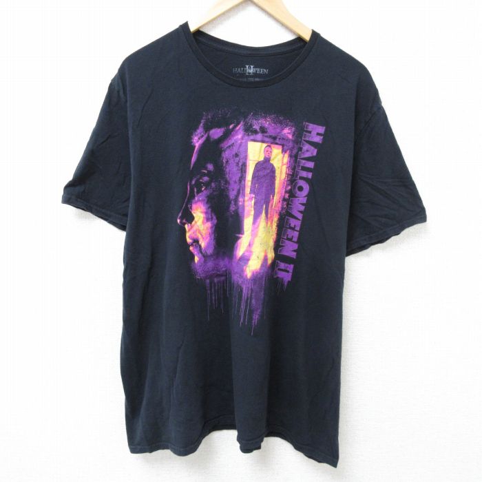 【20%OFF】XL★古着 半袖 Tシャツ メンズ ホラー映画 ハロウィン 大きいサイズ コットン クルーネック 黒 ブラック 25jun19 中古