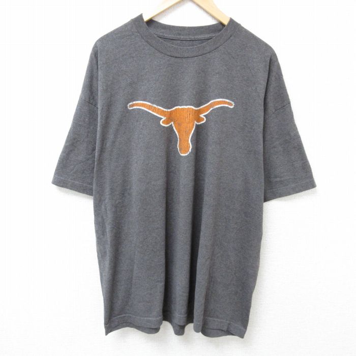 XL★古着 半袖 Tシャツ メンズ テキサス ロングフォーン 大きいサイズ クルーネック 濃グレー 霜降り 25jun19 中古