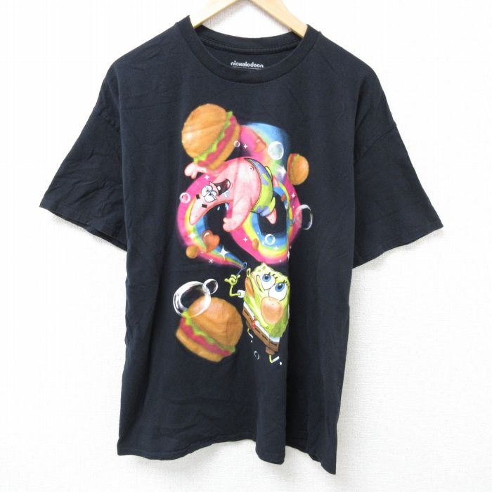 XL★古着 半袖 Tシャツ メンズ アニメ ニコロデン スポンジボブ コットン クルーネック 黒 ブラック 25jun19 中古
