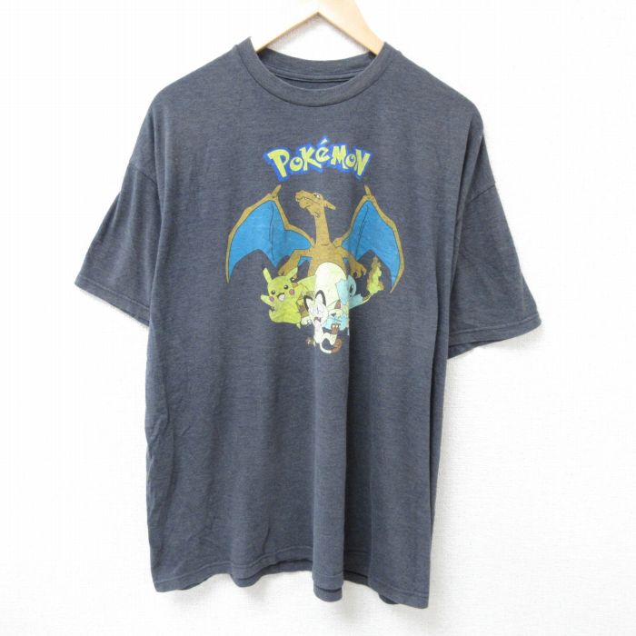 XL★古着 半袖 Tシャツ メンズ アニメ ポケットモンスター ポケモン ニャース 大きいサイズ クルーネック 濃グレー 霜降り 25jun19 中古