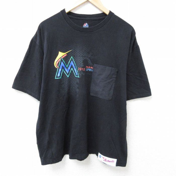 XL★古着 マジェスティック 半袖 Tシャツ メンズ MLB 胸ポケット付き 大きいサイズ コットン クルーネック 黒 ブラック メジャーリーグ ベースボール 野球 25jun19 中古