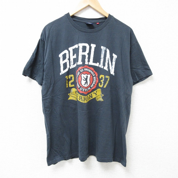 XL★古着 半袖 Tシャツ メンズ ベルリン コットン クルーネック 濃グレー 25jun18 中古