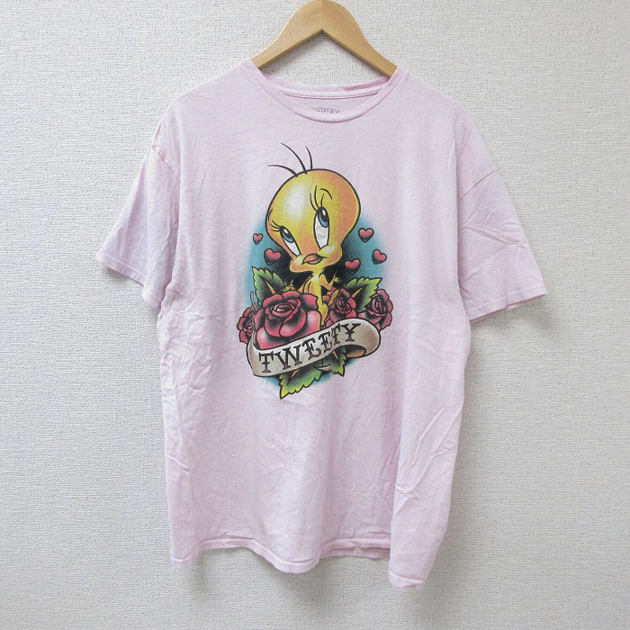 XL★古着 半袖 Tシャツ メンズ ルーニーテューンズ LOONEY TUNES トゥイーティー コットン クルーネック 薄ピンク 25jun18 中古