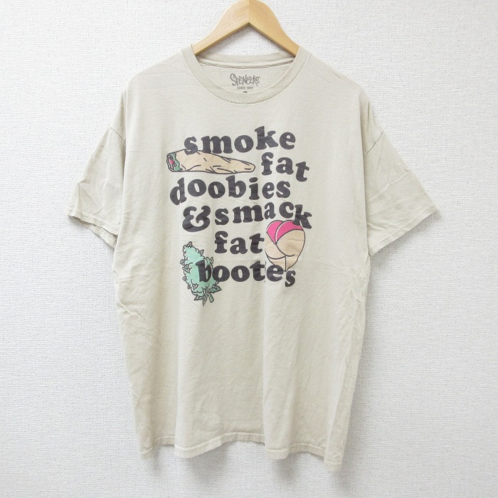 XL★古着 半袖 Tシャツ メンズ メッセージ コットン クルーネック 薄ベージュ カーキ 25jun18 中古