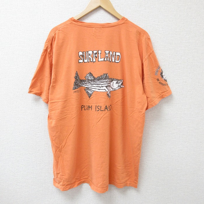 XL★古着 半袖 Tシャツ メンズ 魚 大きいサイズ コットン クルーネック オレンジ 25jun18 中古
