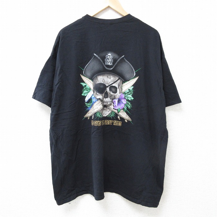XL★古着 半袖 Tシャツ メンズ スカルパイレーツ 大きいサイズ コットン クルーネック 黒 ブラック 25jun18 中古
