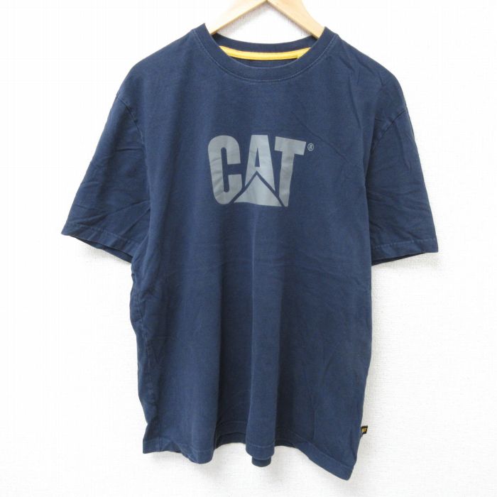 【20%OFF】XL★古着 半袖 Tシャツ メンズ CAT コットン クルーネック 紺 ネイビー 25jun19 中古