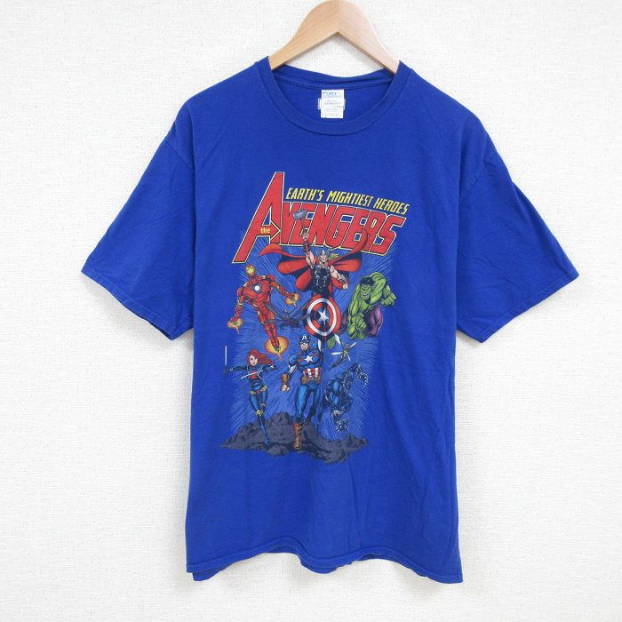 XL★古着 半袖 Tシャツ メンズ マーベルキャンプテンアメリカ 大きいサイズ コットン クルーネック 青 ブルー 25jun21 中古