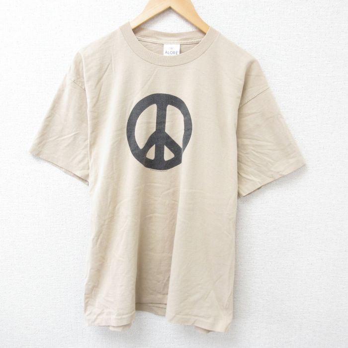 XL★古着 半袖 Tシャツ メンズ ピースマーク コットン クルーネック USA製 ベージュ カーキ 25jun20 中古
