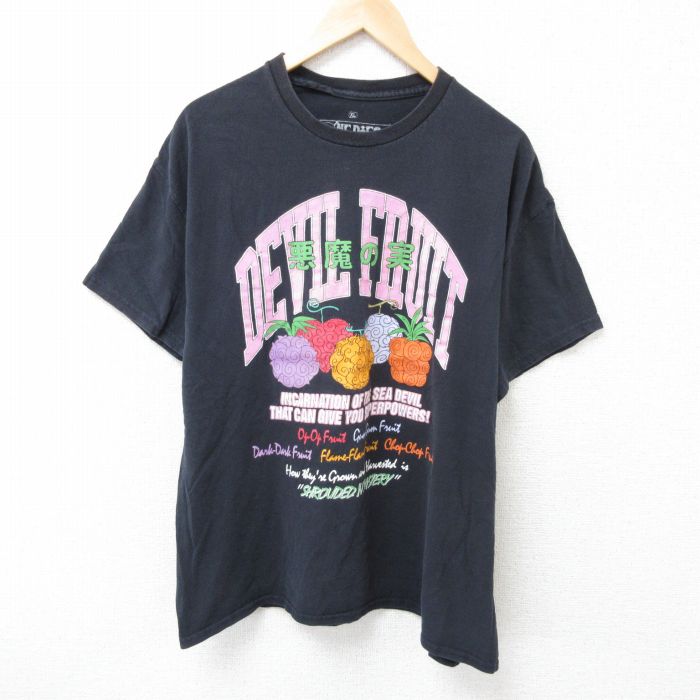 XL★古着 半袖 Tシャツ メンズ アニメ ワンピース 悪魔の実 コットン クルーネック 黒 ブラック 25jun20 中古