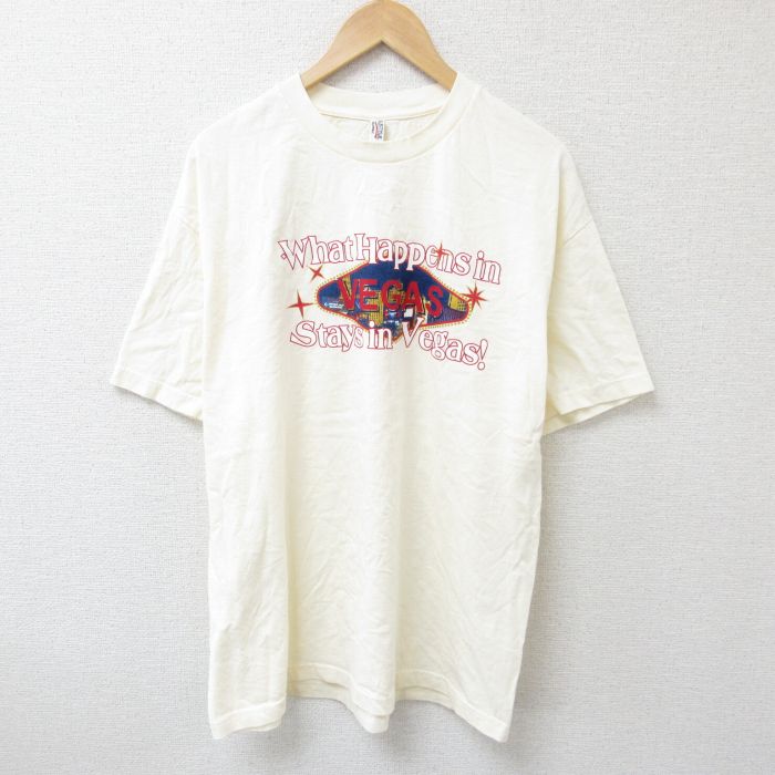 XL★古着 半袖 Tシャツ メンズ ラスベガス コットン クルーネック 薄ベージュ カーキ 25jun20 中古