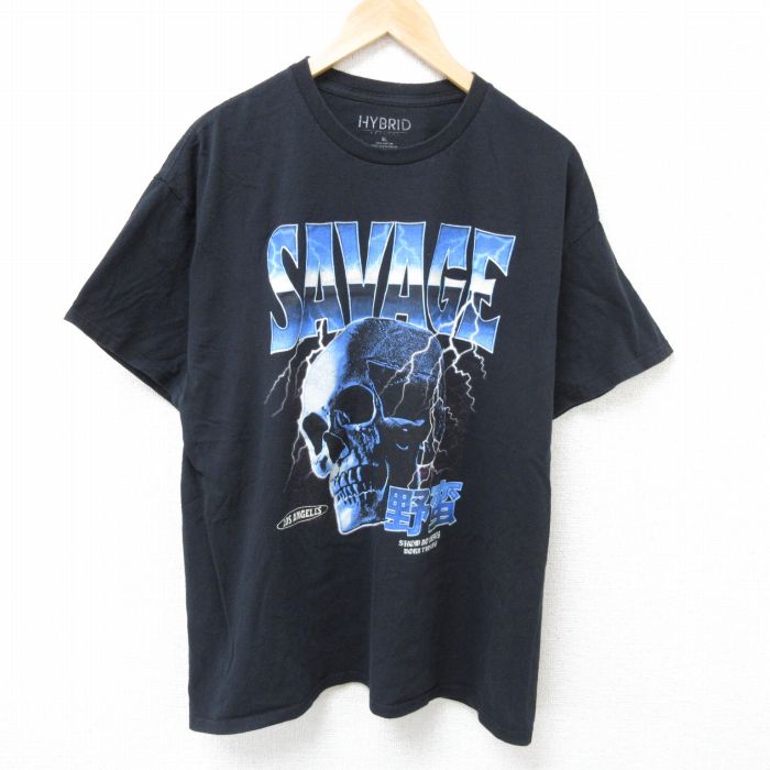 【20%OFF】XL★古着 半袖 Tシャツ メンズ スカル コットン クルーネック 黒 ブラック 25jun20 中古