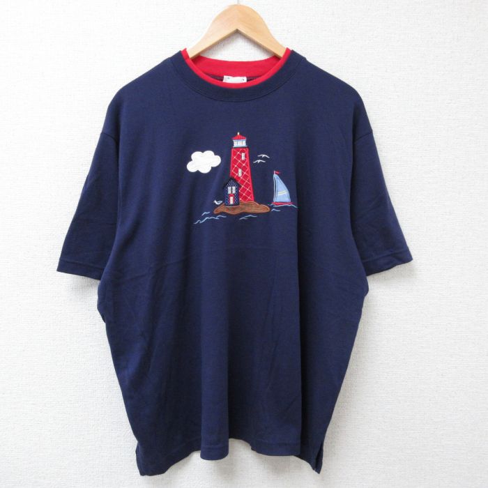 XL★古着 半袖 Tシャツ メンズ 灯台 刺繍 大きいサイズ クルーネック 紺 ネイビー 25jun20 中古