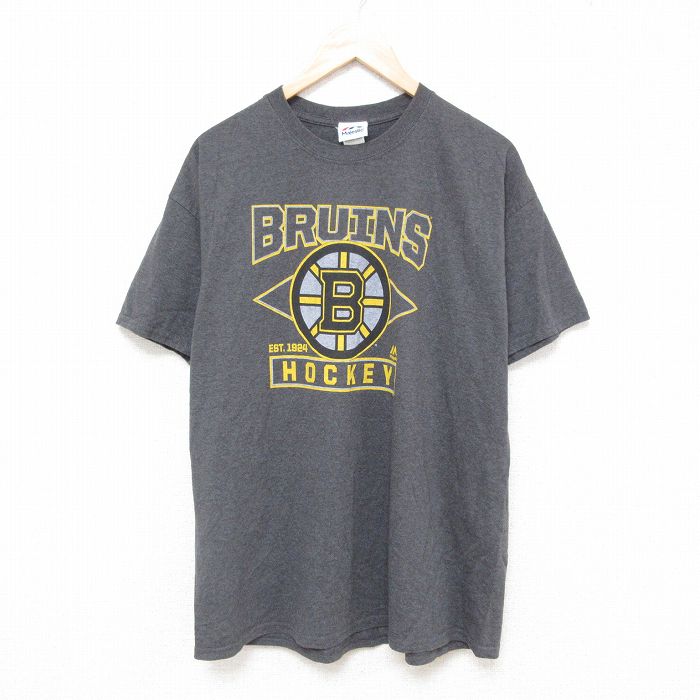 【50%OFF】XL★古着 マジェスティック 半袖 Tシャツ メンズ NHL ボストンブルイーンズ クルーネック 濃グレー 霜降り アイスホッケー 25jun20 中古