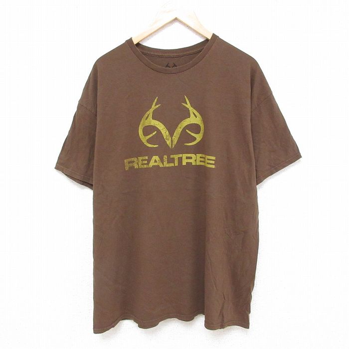 XL★古着 半袖 Tシャツ メンズ リアルツリー 大きいサイズ コットン クルーネック 茶 ブラウン 25jun20 中古